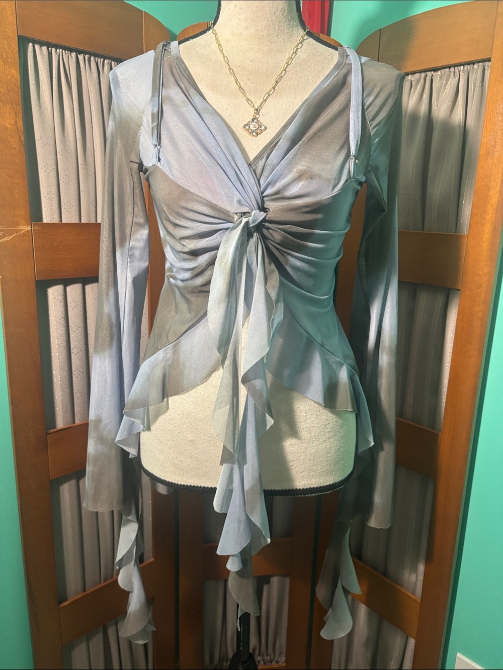 Sheer Knot-Front Blouse in Misty Blue